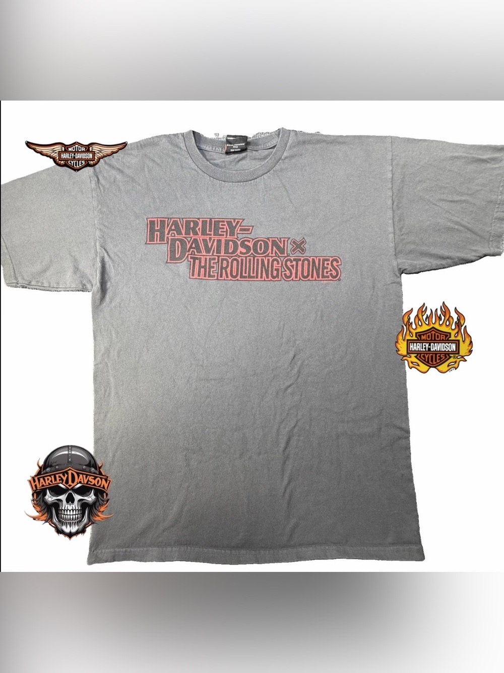 Harley-Davidson x The Rolling Stones T-Shirt Mens M/L Gray Faded 21x27.5 Collab